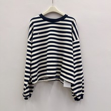 条纹卫衣女宽松显瘦小个子上衣圆领慵懒风短款秋款上衣女韩版秋冬