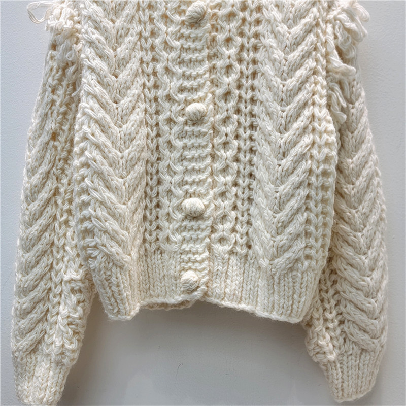 Productos europeos retrógrados franceses mano gruesa aguja de cuello redondo torsión jersey cardigán chaqueta tridimensional suéter con bordas chaqueta image 4