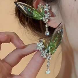 新中式蝉翼灵动翅膀镶钻花朵耳环女超仙森系复古无耳洞耳骨夹耳饰