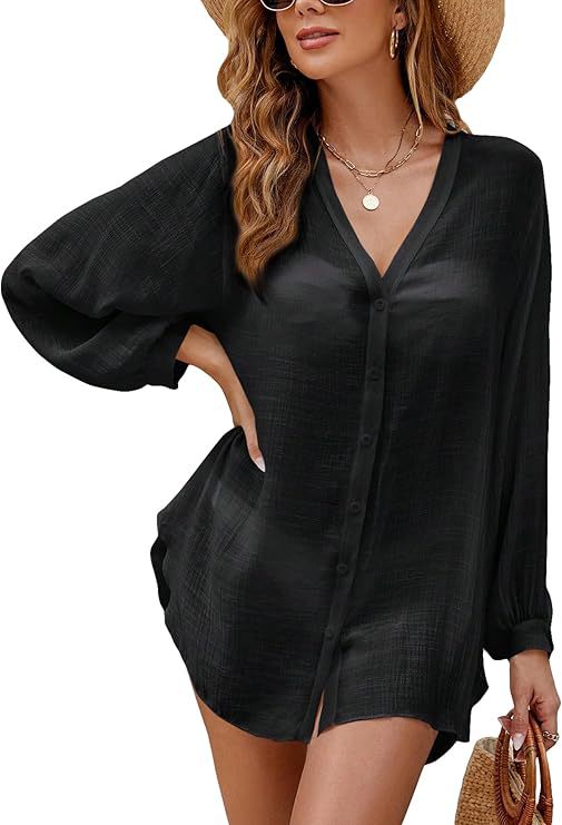 Camicia da donna estiva in Tencel, bambù e cotone, tinta unita, copricostume da spiaggia/bikini_voghion.com