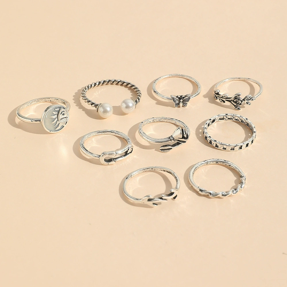 Retro pearl ring set, European style, silver-color stackable rings, multi-piece design