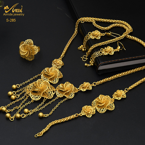  Dubai 24k Gold Plated Flower Hollow Jewelry Set Necklace Earrings Bracelet Ring Middle Eastern Dubai Accessories
