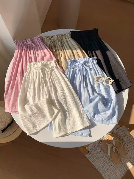 2026 New Korean Style Girls' Loose Wide-Leg Shorts Summer Cotton and Linen Breathable Children's Casual Pants Candy Color Versatile