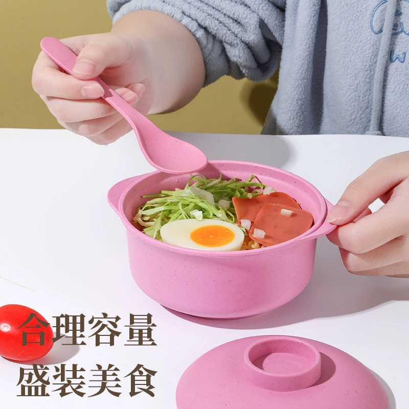 Миска с ложкой из пшеничной соломы, кастрюльная миска для лапши быстрого приготовления, миска с двумя ручками, для пельменей, набор пшеничных мисок, пластиковая рисовая миска