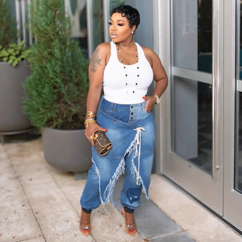 Yln2889 Cross-Border Independent Site Amazon 2025 New Style Ripped Lace-Up Skinny Ribbed Cuffed Jeans