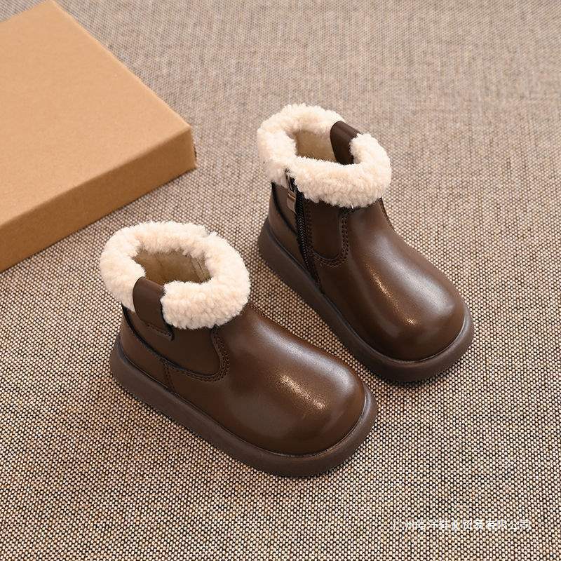Girls' Leather Boots Warm Fleece-Lined 2025 New Four-Season Kidsren's Baby Princess Short Boots Student Soft-Soled Cotton Boots Martin