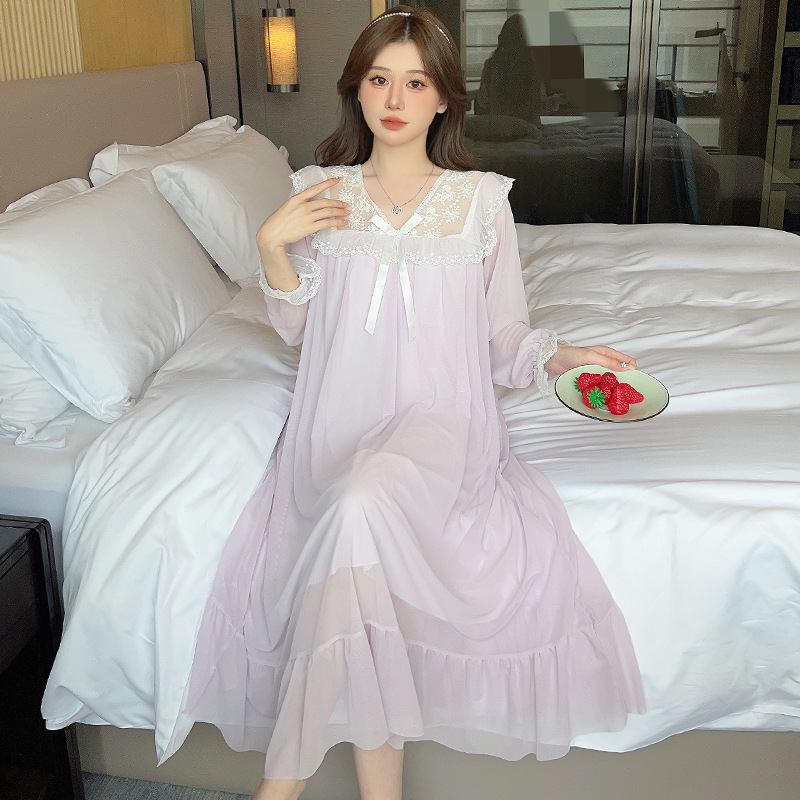 Ropa de casa de otoño con cojín de pecho de malla de cuello V princesa pijama fresco vestido de estudiante pijama de mangas largas dulce