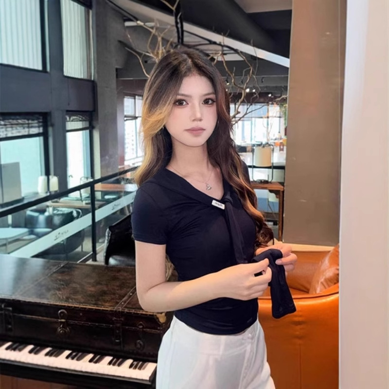 Korean Style Pure Desire Navy Blue V Neck Right Shoulder Short-Sleeved T-Shirt for Women Summer Design Navy Collar Unique Slimming Look Top