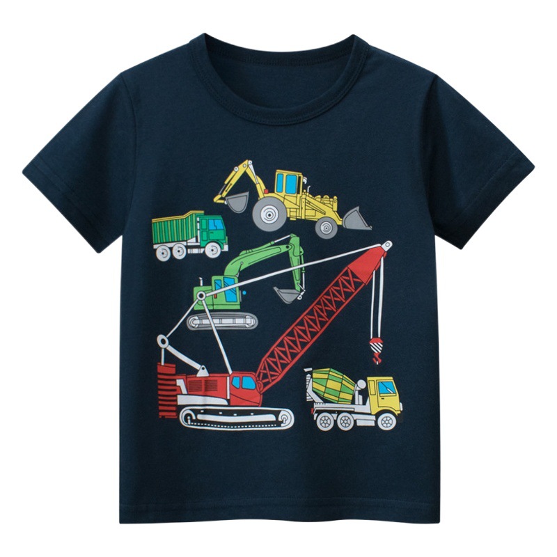 27 niños transfronterizos ropa para niños verano Camiseta de manga corta para niños ropa de bebé niño ingeniería excavadora de automóviles entrega de una pieza