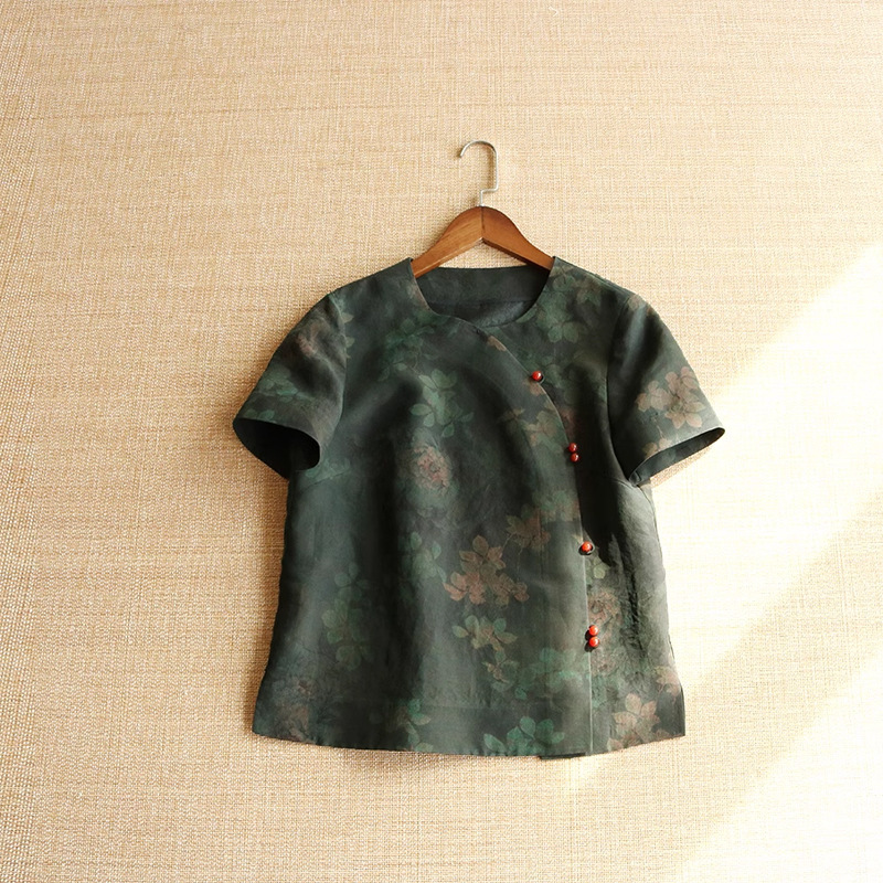 Yunjia Homemade Turtle Pattern Xiangyun Yarn Chinese-style Modified Top Dark Green Printed Imitation Mulberry Silk Short-sleeved T-shirt Blended Women