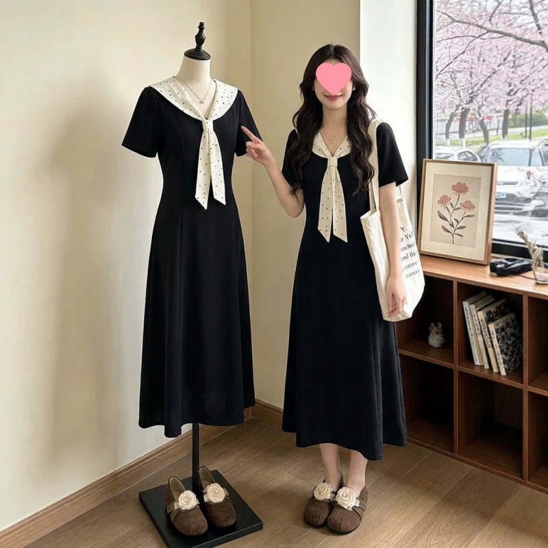 High-End Black Doll Collar Straight Shoulder Dress for Women, 2026 New Summer Style, Plus Size, Flattering for Curvy Women, Very Beautiful Dress High-End Black Doll Collar Straight Shoulder Dress for Women, 2026 New Summer Style, Plus Size, Flattering for Curvy Women, Very Beautiful Dress