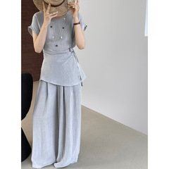 【福祉品返品不可】江左ストラップデザインウエストシャツハイウエストワイドパンツ2点セット 6261