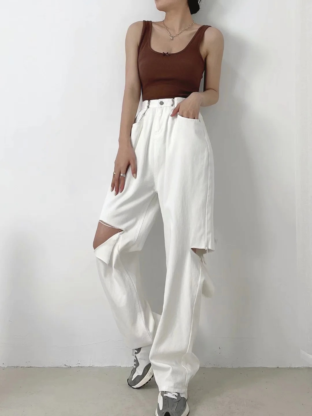 high waist loose wide-leg ripped jeans  NSAC48750