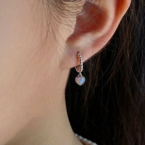 Qianjiatong body S925 sterling silver opal stone love pendant twist ear hoop earrings temperament small earrings ear buckle for women