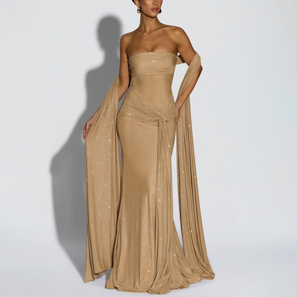 European and American Cross-Border New Women's Clothing Ribbon Sleeveless Tube Top Banquet Evening Dress Fashionable Elegant Slim Silver Dress