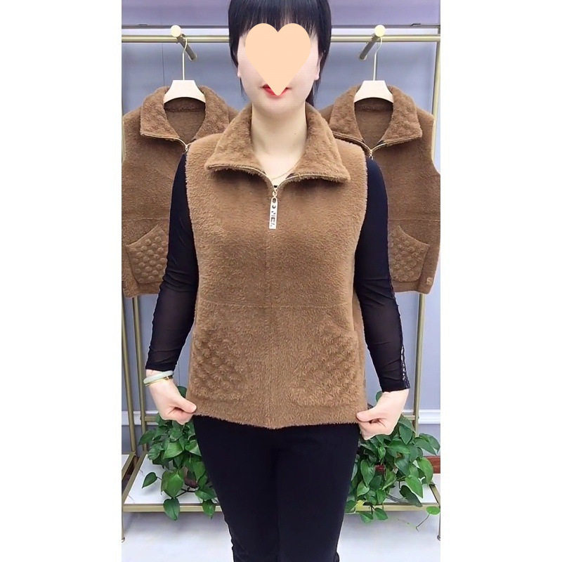 2025 autumn and winter dark plaid gold sable zipper high elastic vest fashionable and versatile wear for middle-aged and elderly mothers