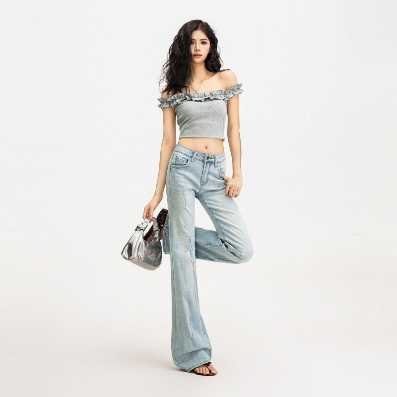 2026 verano nuevo azul claro de cintura alta micropantalones jeans de tamaño grande rectas delgadas pantalones de agujero de moda