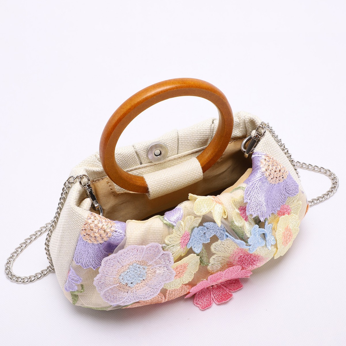 Circular Wooden Handle Bamboo Knot Bag With Floral Embroidery, Vacation Style Women's Handbag, Pearl And Sequin Evening Bag - Thumbnail 5