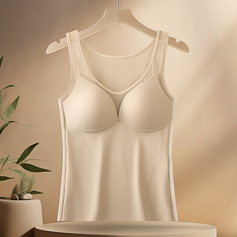 Otoño y invierno cálido chaleco de malla abrasivo fijo para mujeres una taza sin marcas delgada larga ropa interior de fondo de almacenamiento de calor