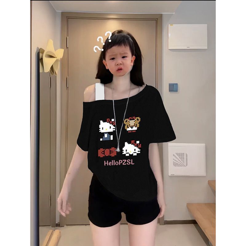 American Sweet Girl Kitty Cat Print Slanted Shoulder Short-Sleeved T-Shirt Women's Summer New Unique Loose Slimming Look Off-Shoulder Top