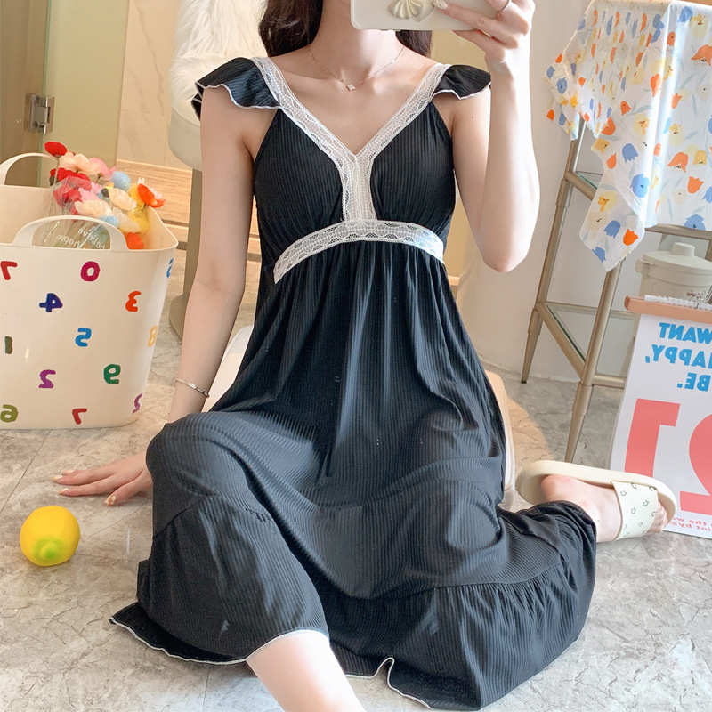 Tiktok live pijamas de verano polka dot sexy con almohadilla en el pecho camisón de media longitud de encaje dulce ropa para el hogar de las mujeres