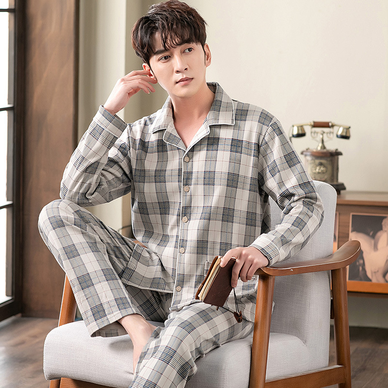 Pijamas de algodón de manga larga de los hombres primavera y otoño Four Seasons algodón delgado más tamaño ropa de abrigo ropa para el hogar