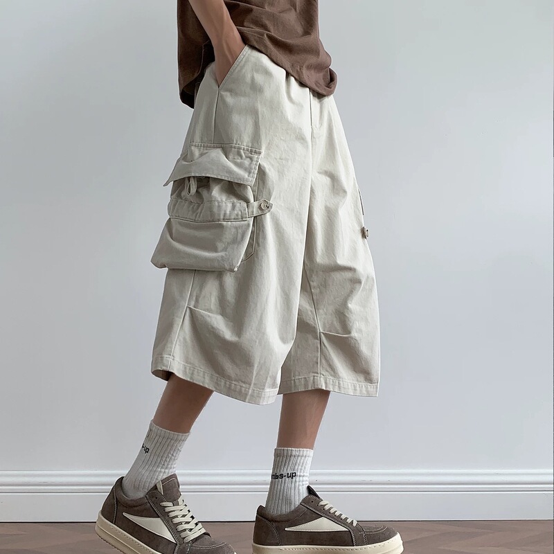 Men's Trendy Summer New Style Casual Loose Wide-Leg Cropped Pants with Large Pockets, Versatile Simple Workwear Seven-Point Pants Men's Trendy Summer New Style Casual Loose Wide-Leg Cropped Pants with Large Pockets, Versatile Simple Workwear Seven-Point Pants