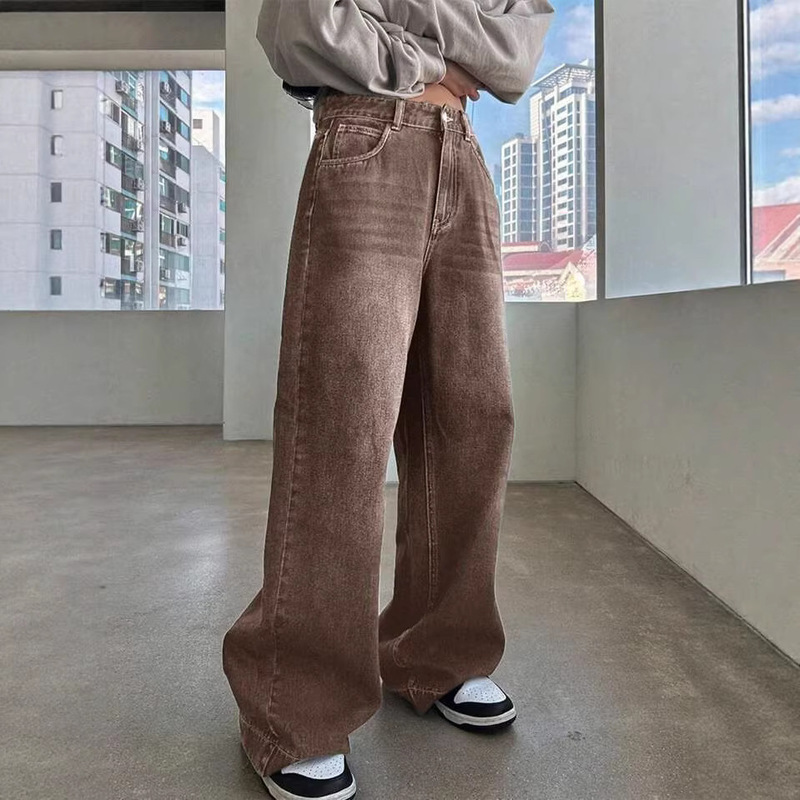 Vintage High Street Brown Jeans for Women, New Spring Collection, Niche New Arrivals, Loose Fit, Slimming, High-Waisted, Straight Wide-Leg Pants, Trendy Vintage High Street Brown Jeans for Women, New Spring Collection, Niche New Arrivals, Loose Fit, Slimming, High-Waisted, Straight Wide-Leg Pants, Trendy