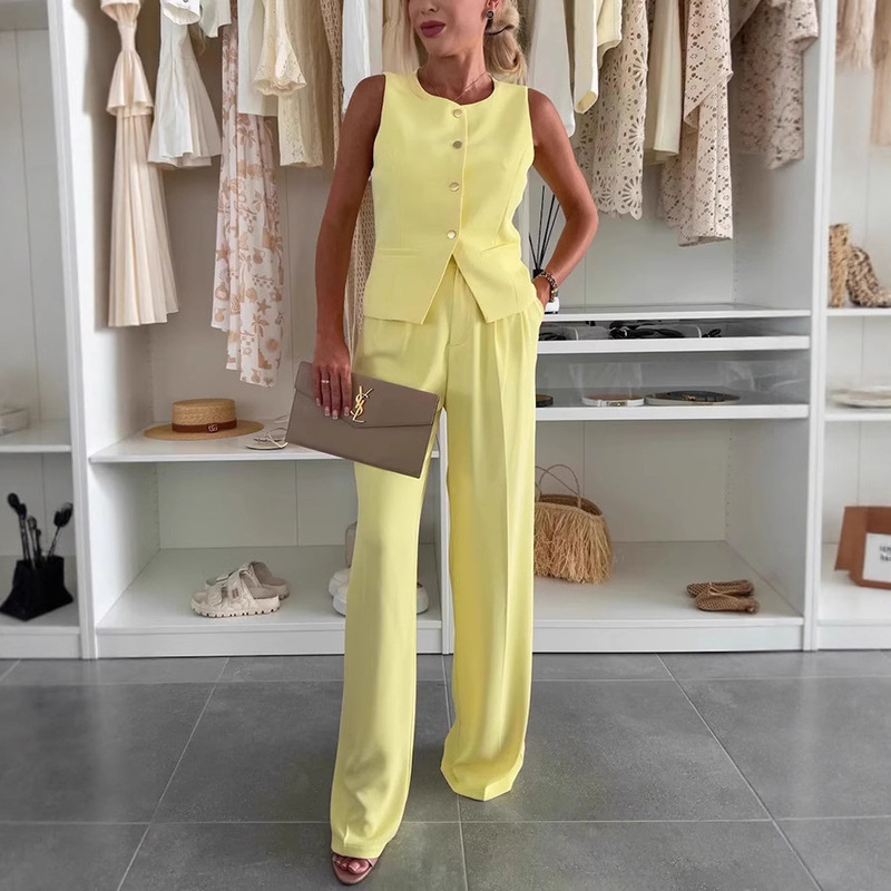 Cross-Border European and American Suit Solid Color Button Pocket Front Button Office Summer Vest Suit Trousers Suit