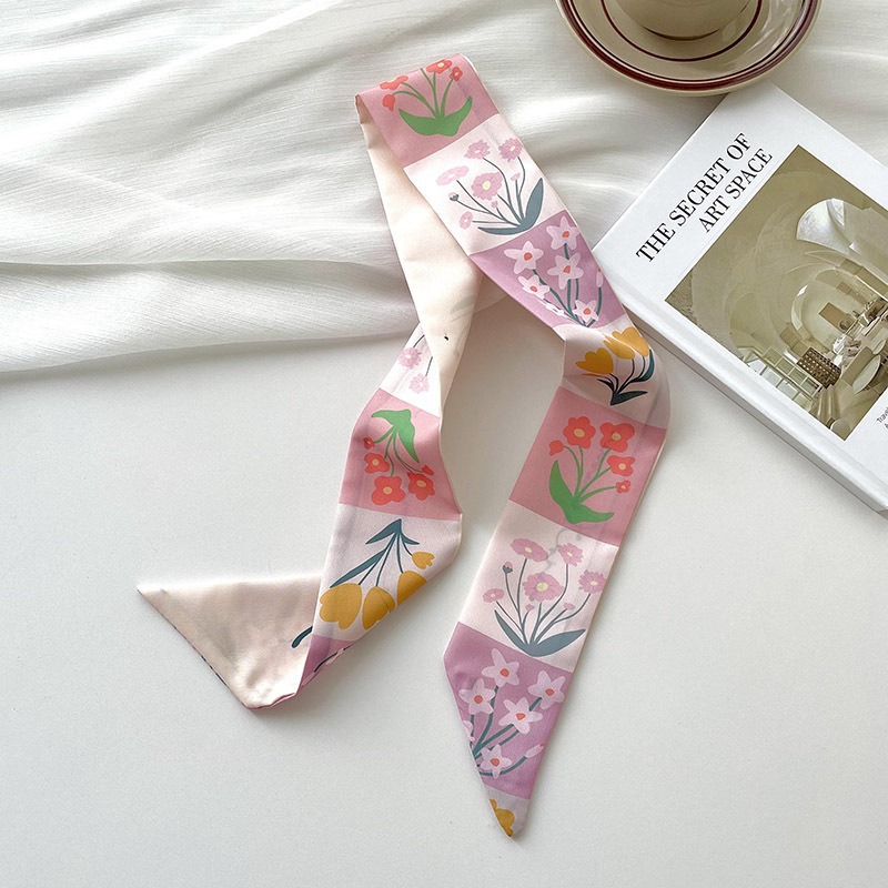 Bufandas de seda delgadas y largas para mujeres primavera y verano multifuncional bolsas de pelo atadas de pañuelo decorado correa de pelo tocado de correa