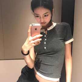 夏季正肩美式复古短袖T恤女撞色亨利领修身小衫高级感显瘦小上衣