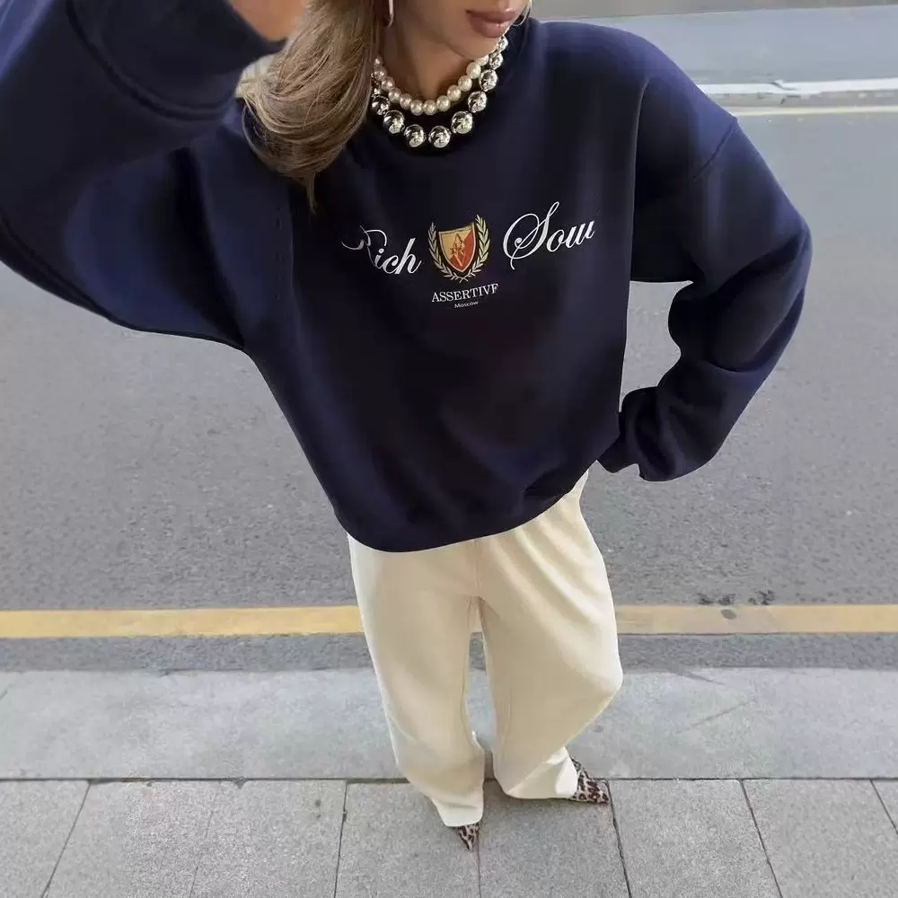 卫衣女加绒加厚圆领秋冬欧美复古字母印花宽松慵懒学生休闲上衣潮