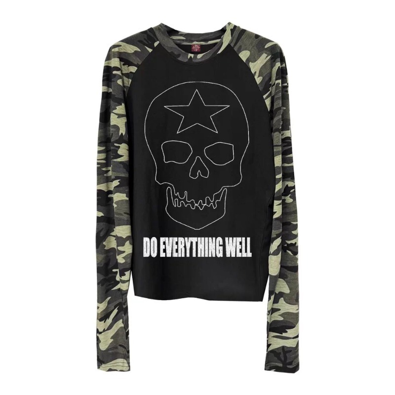 y2k light Asian style camouflage patchwork long-sleeve men's new millennium skull print raglan t-shirt loose couple top