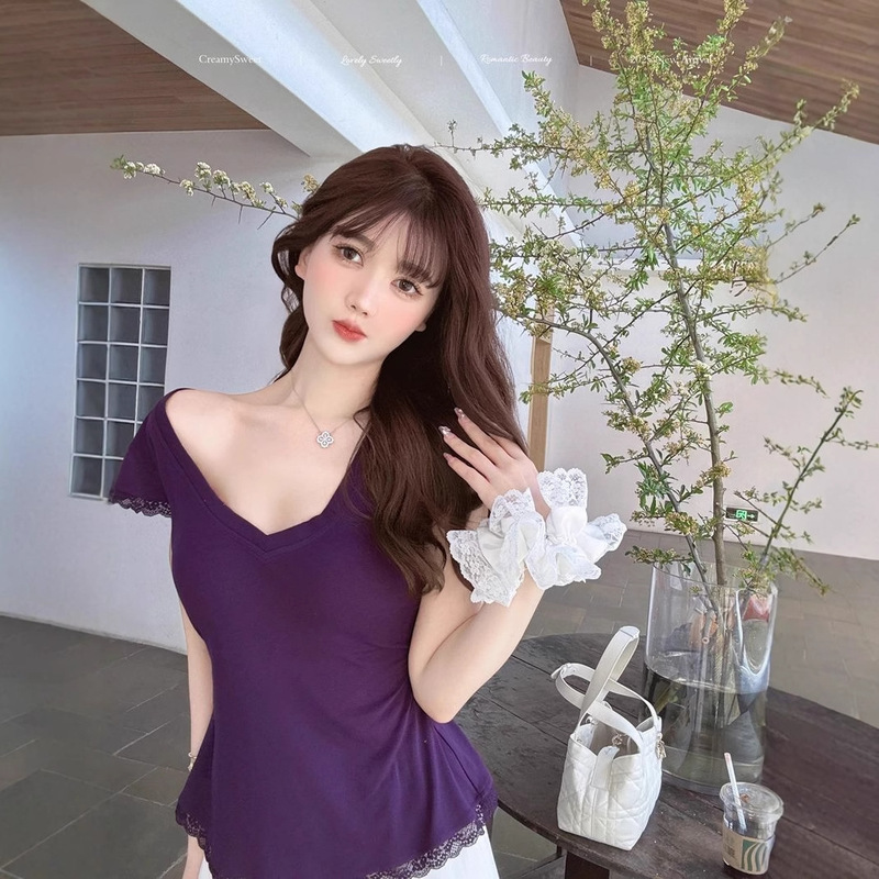 [260g Rayon Modal] V-Neck Lace Edge Right Shoulder Short-Sleeved T-Shirt Women's Summer New Slim Top Ins