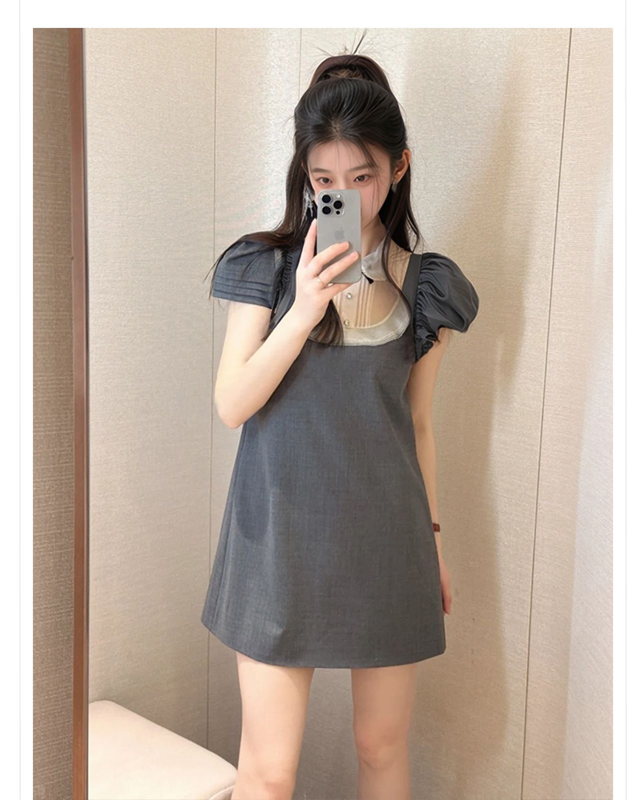 Đầm suông nữ cổ búp bê tay ngắn thanh lịch mùa hè N3045 — xám chi tiết 2