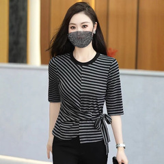 时尚休闲条纹中袖T恤女2025早秋新款设计感遮肉显瘦洋气百搭上衣