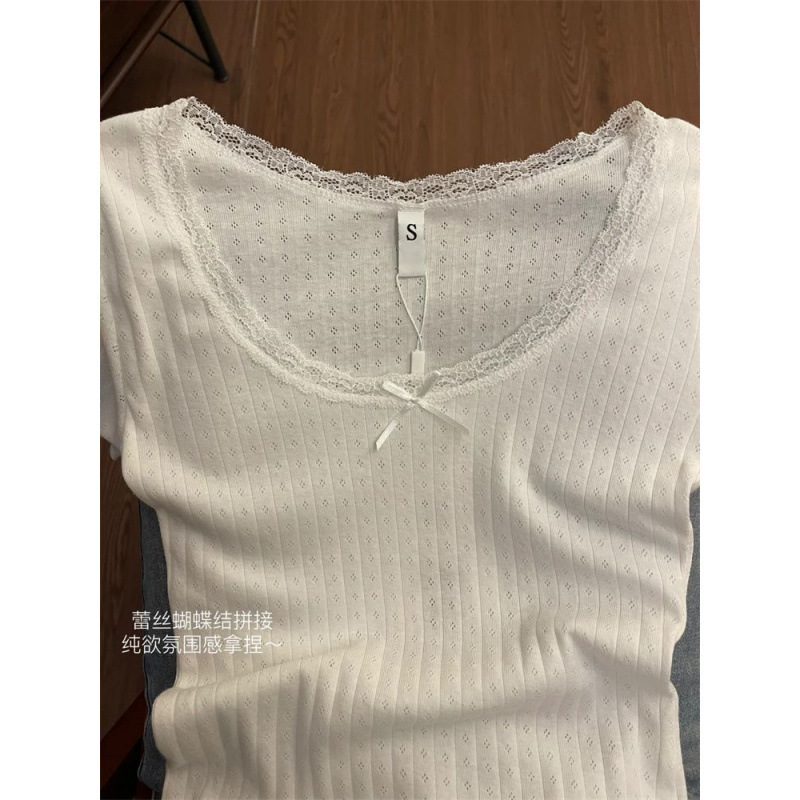 甘いガーリーレースTシャツレディース2025夏ピュアバレエスタイルトップス耳白半袖|undefined