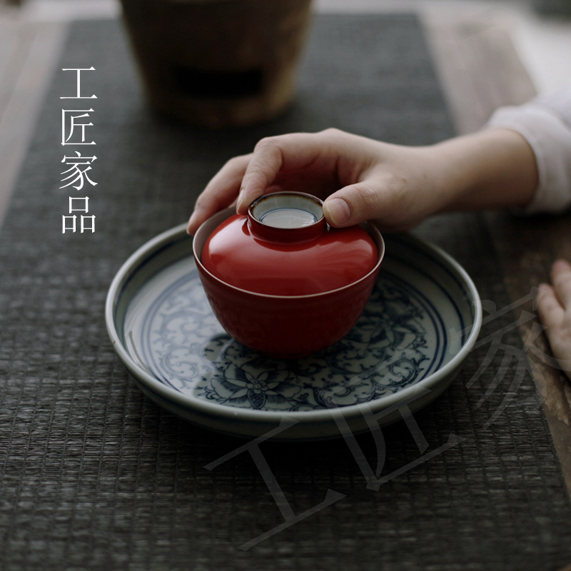工匠家品《珊瑚红》暮春盖碗 红色茶具 景德镇茶碗 青花复古壶承