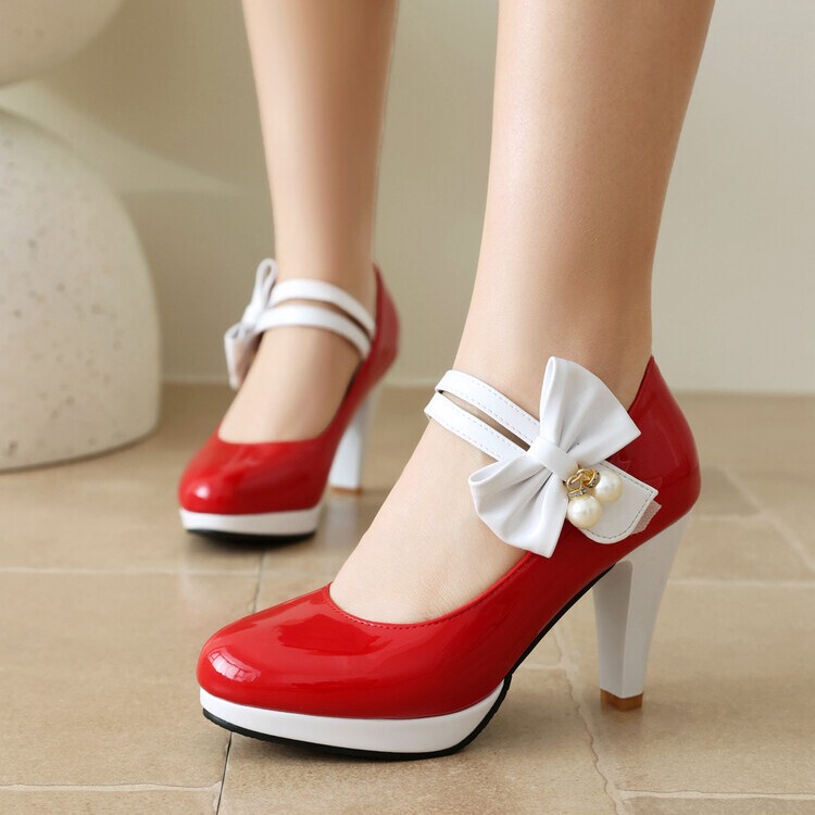 2024 Spring and Summer New Women's Shoes Mary Jane High Heels Shallow Mouth Imitation Pearl Bow Buckle Chunky Heel Korean Style