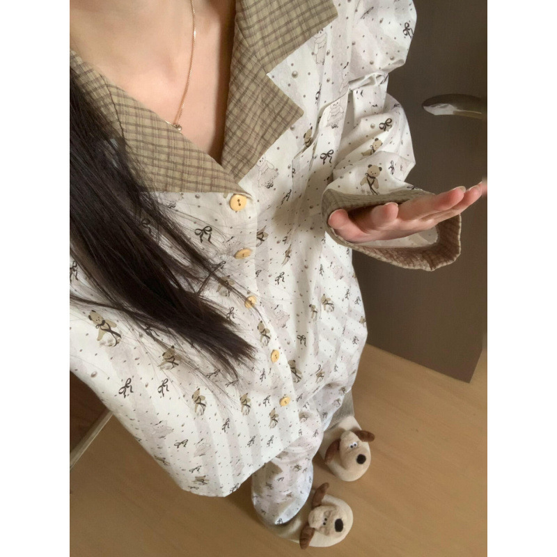 Lapel Girl Sweet Bear Pajamas Women's Spring and Autumn New Loose Home Clothes Xiaohongshu Douyin Cross-Border Wholesale