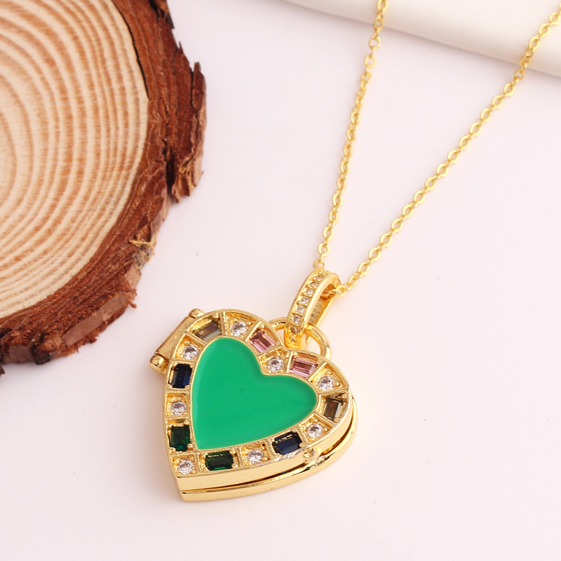Simple Style Heart Shape Copper Enamel Inlay Zircon Pendant Necklace 1 Piece