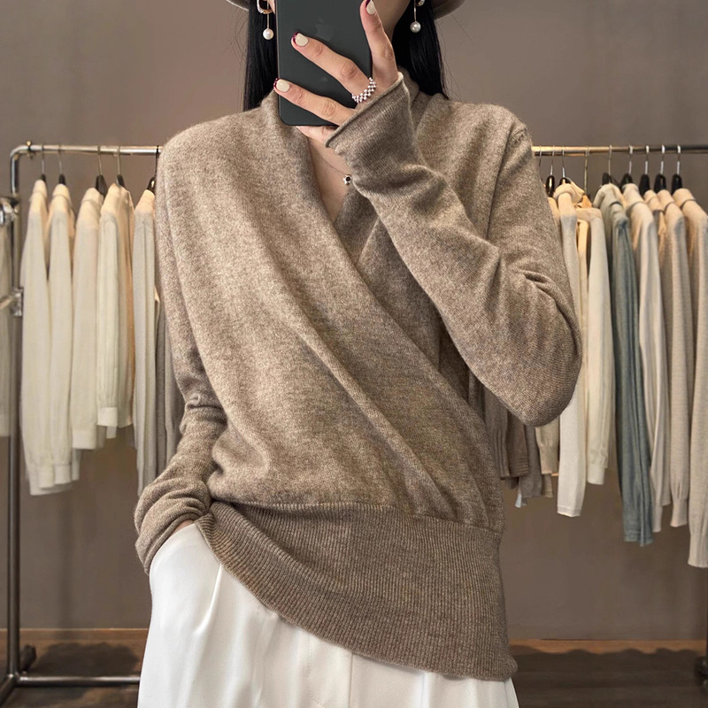 100 Pure Wool Long-Sleeved Pullover Women's V Neck Loose Autumn and Winter New Cross Pullover Cashmere Sweater Knitted Top