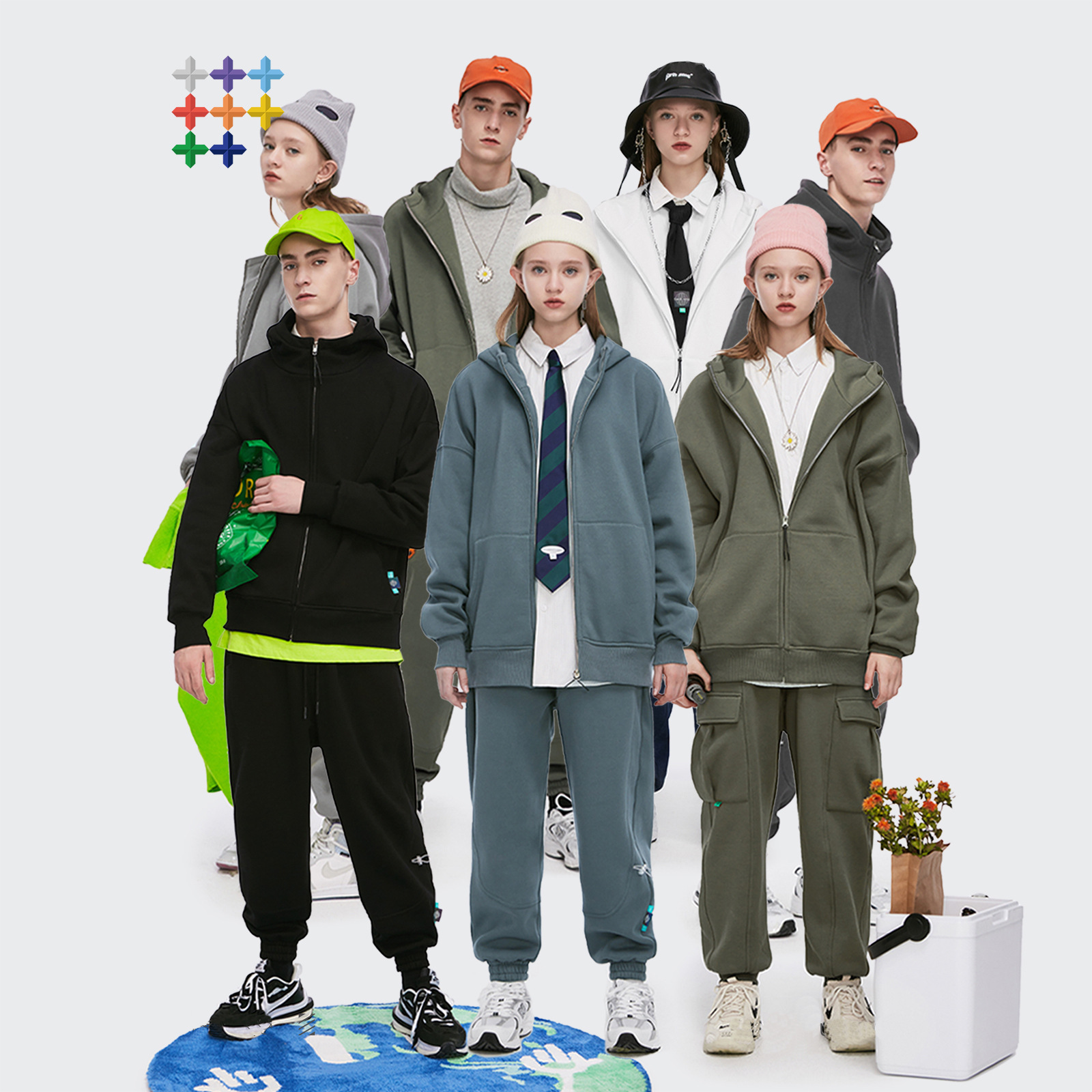 小中大加350g加绒宽松潮牌拉链连帽卫衣纯色男士保暖外套