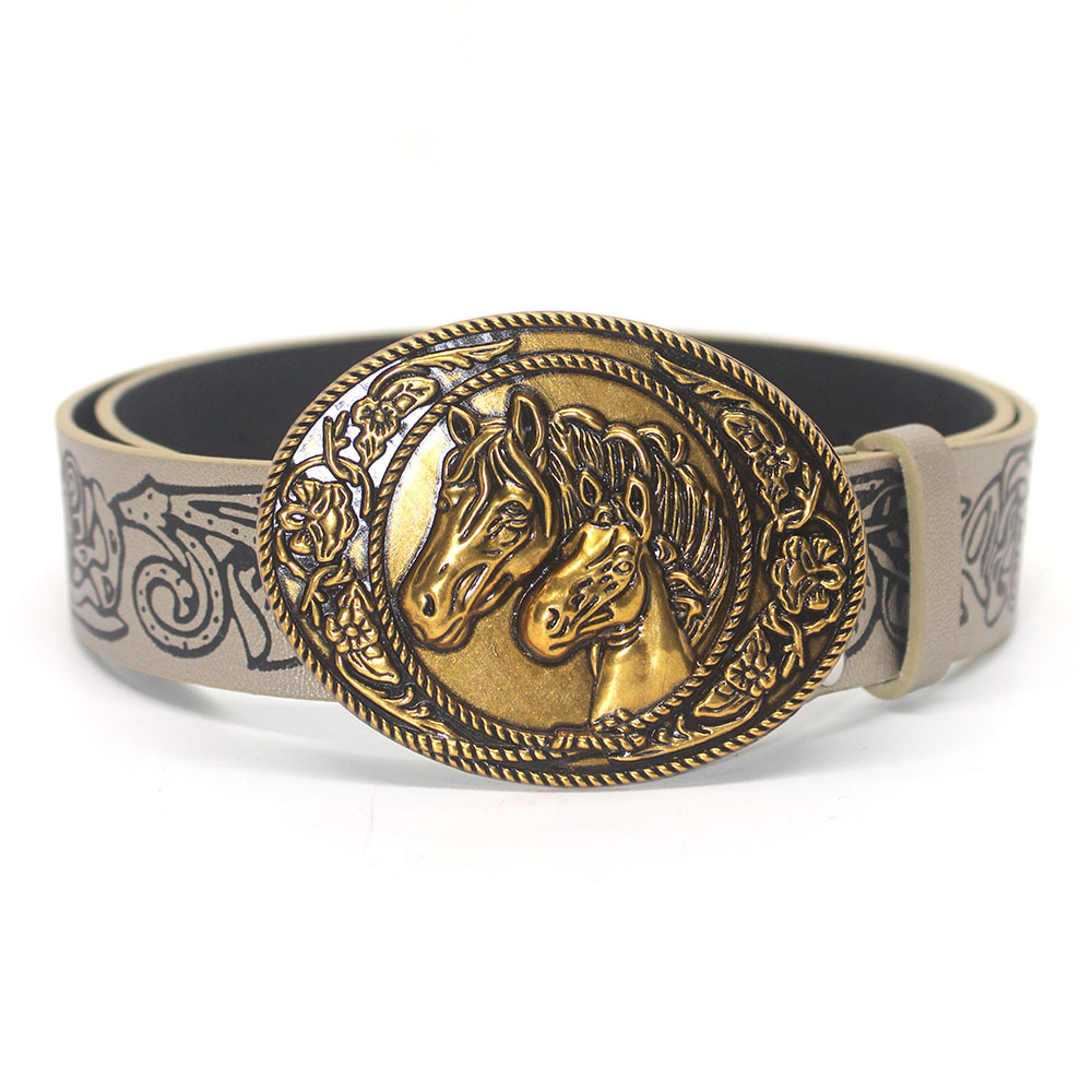 Trendy new pattern double horse buckle vintage belt women's jeans skirt accessories fashionable personality all-Match belt