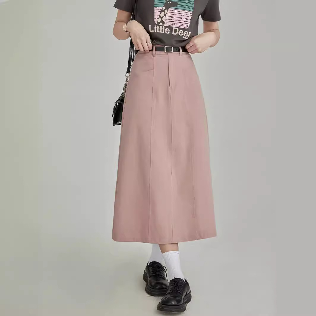 2023 Autumn High-End Double-Pocket Mid-Length Women's High-Waisted Hip-Covering A-Line Over-The-Knee Vintage Versatile Belted Elegant Skirt