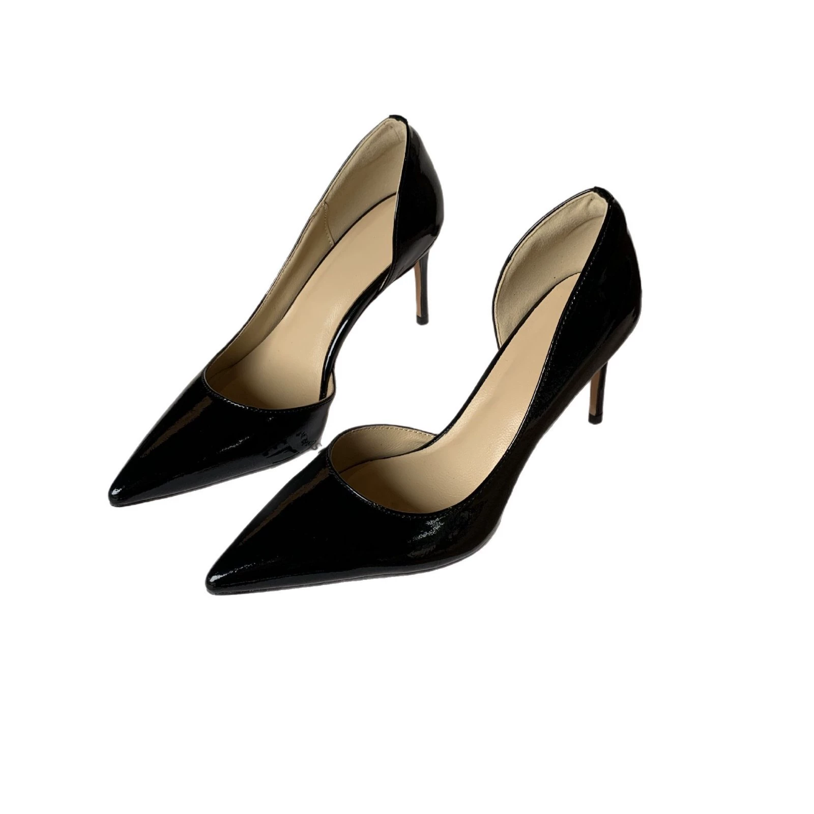 Side hollow genuine leather pointed toe shallow mouth stiletto black sexy women's single shoes all-inclusive sheepskin cushioned high heels versatile in the workplace