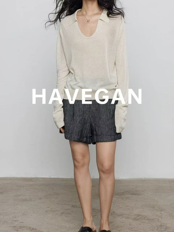 与间HAVEGAN/夏季天丝亚麻长袖防晒针织T恤女翻领老钱风休闲上衣|undefined