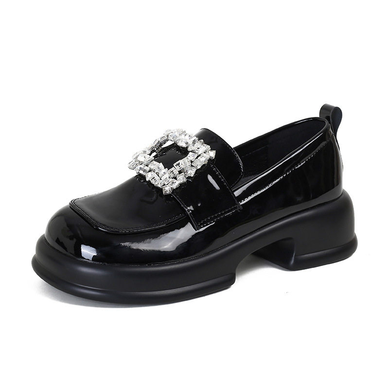 Giày lười nữ đế dày da bóng khóa vuông đính đá, gót thô 3-5 cm — Màu đen