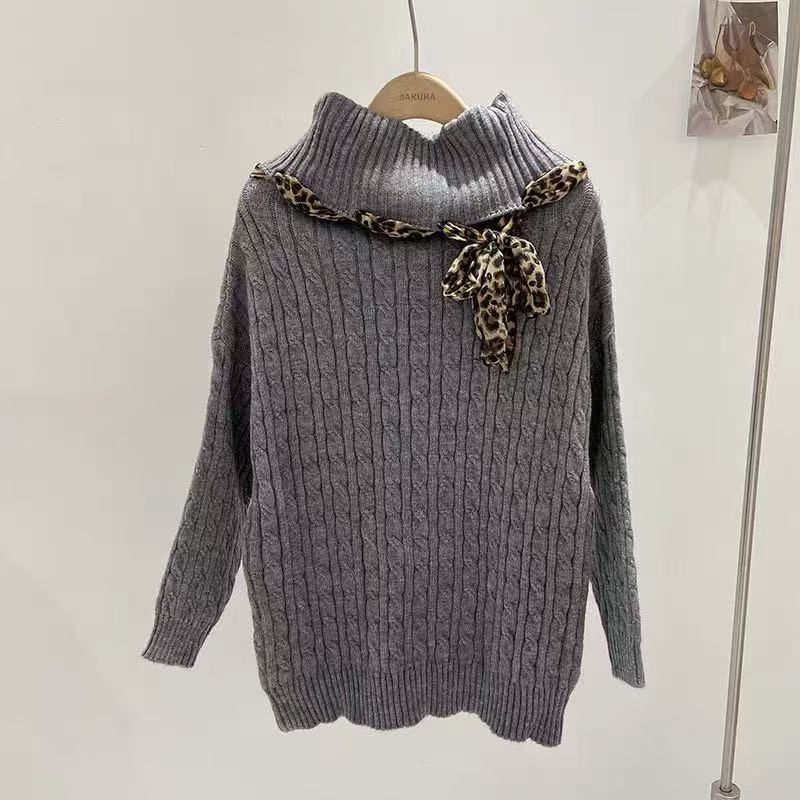 韩版豹纹系带慵懒风露肩毛衣女套头秋冬款一字领设计感显瘦针织衫|undefined