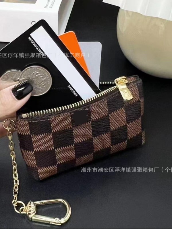 潮酷高级拉链挂扣简约时尚老花皮质轻奢钱包卡夹卡包零钱包钥匙包|undefined